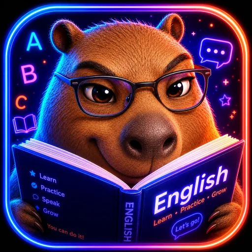 Capybara mascot reading an English book